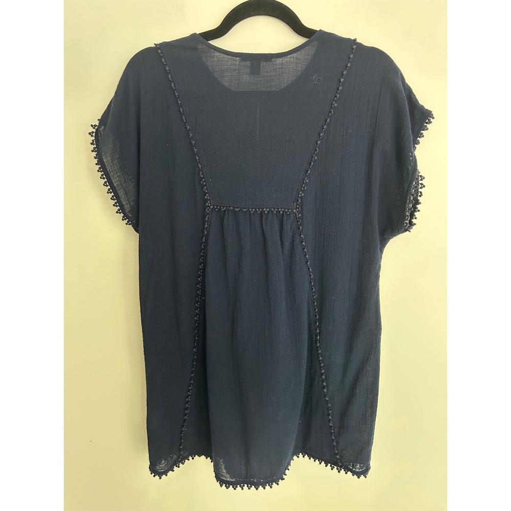 J.Crew Navy Blue Cotton Gauze Pom Pom Trim Keyhole Top XXS A2120 - Picture 9 of 10
